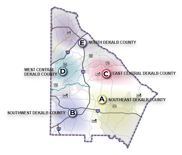 Map showing the DeKalb 2050 Unified Plan study area workshops